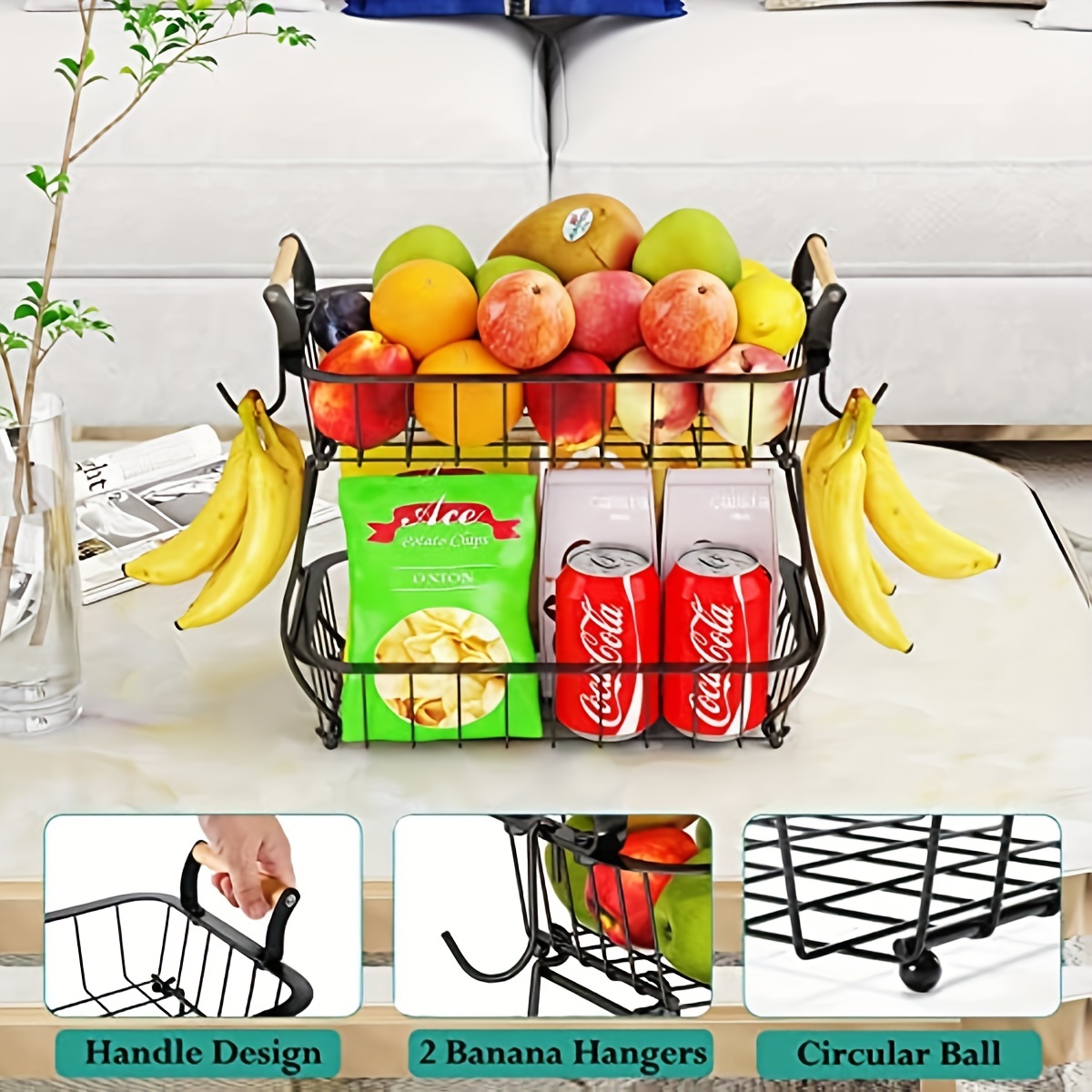 Bextsrack 2 Tier Fruit Basket with Banana Hanger Metal Kitchen Room Decor  Storage Basket, Black