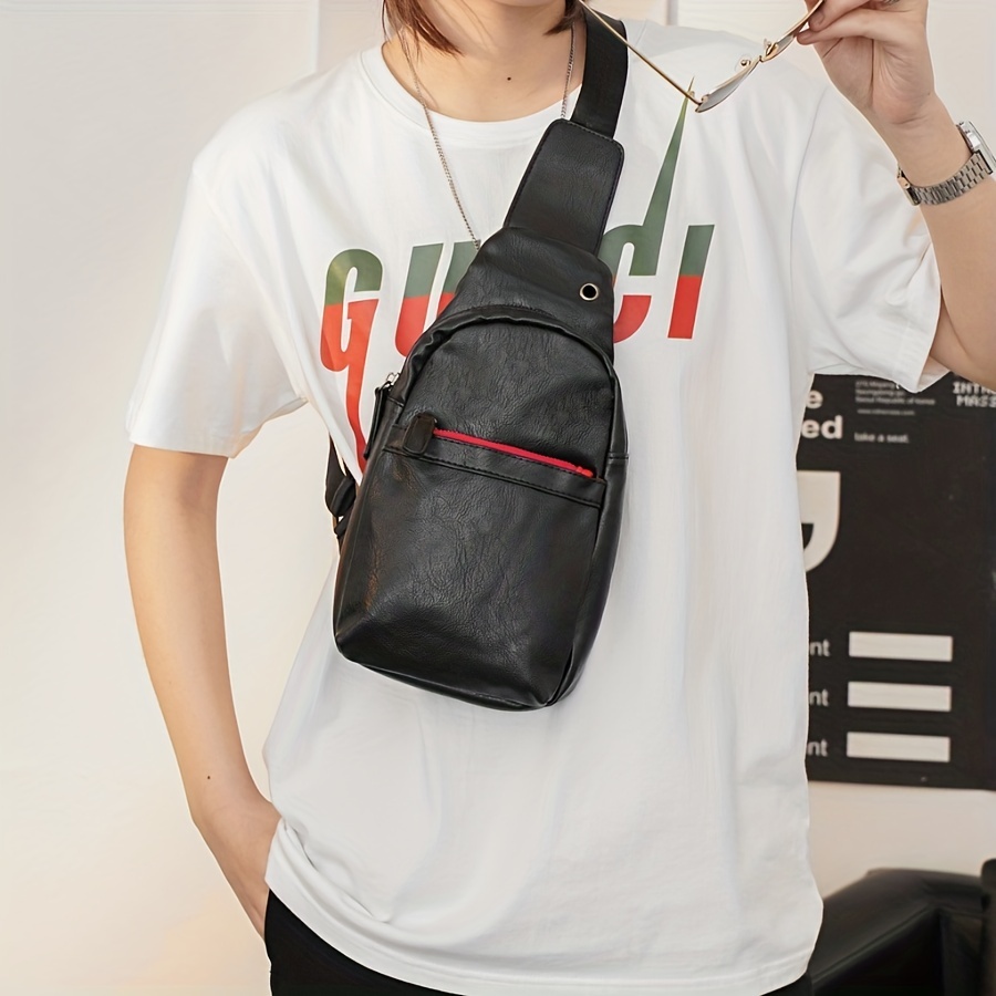 Men's Leather Crossbody Bag Chest Bag with Earphone Hole