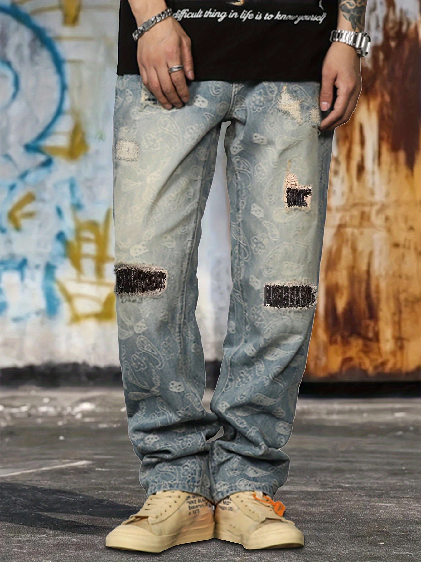 Men's Wide Leg Baggy Jeans Street Style Vintage Distressed - Temu Canada
