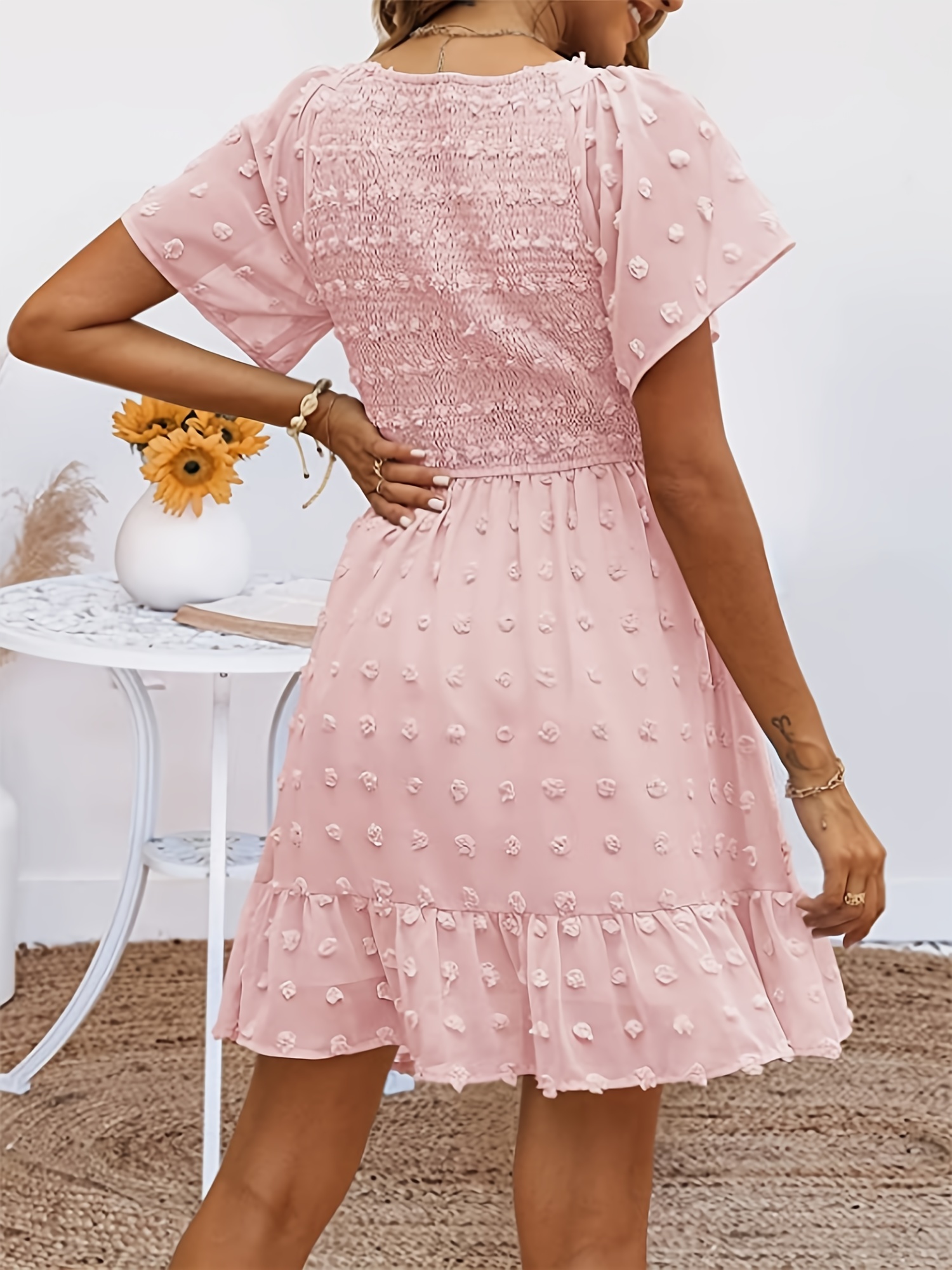 Elegant Ruffle Mini Dress Dot Flutter Sleeve Solid V - Temu Canada