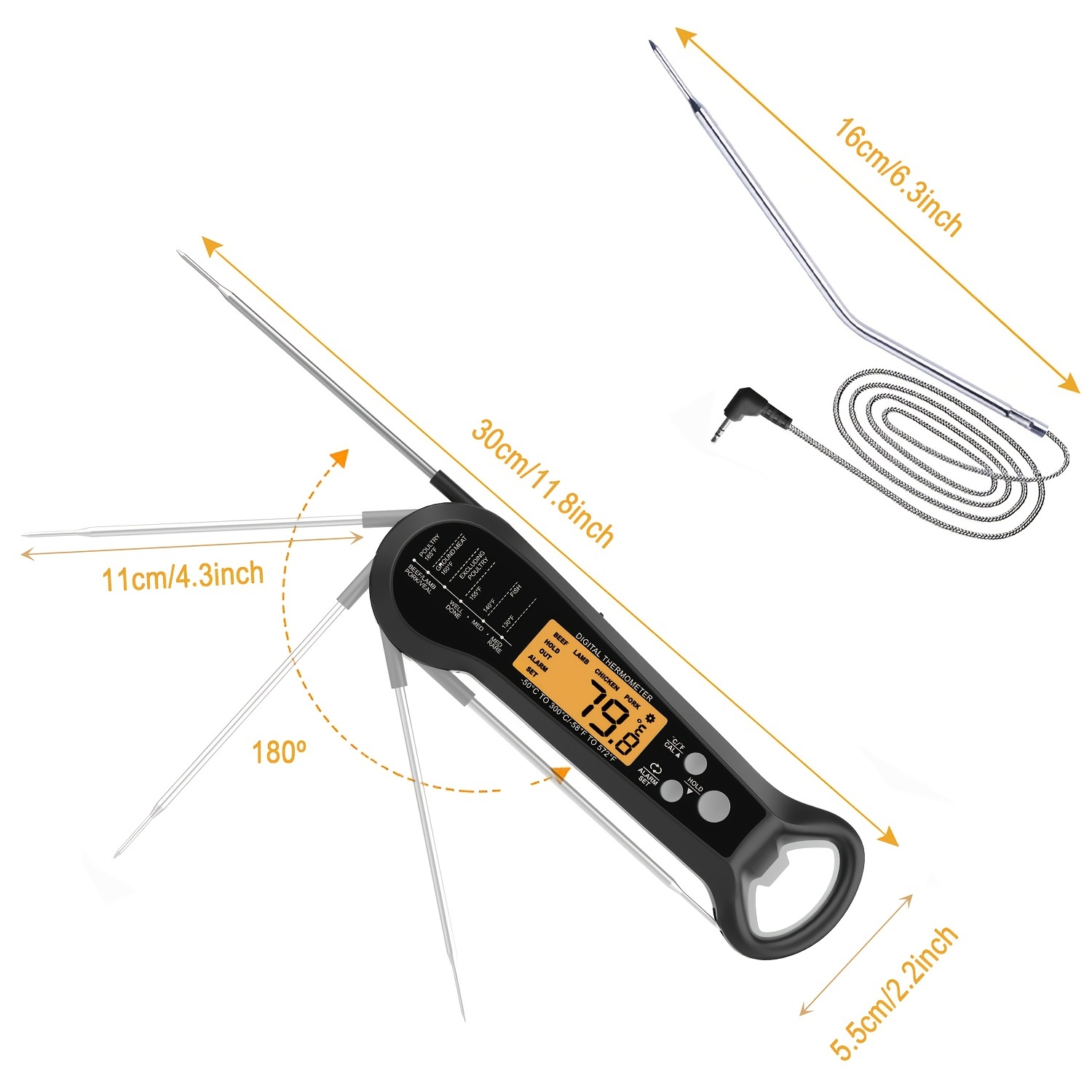 Digital Meat Thermometer With 2 Probes Alarm Backlight Magnetic