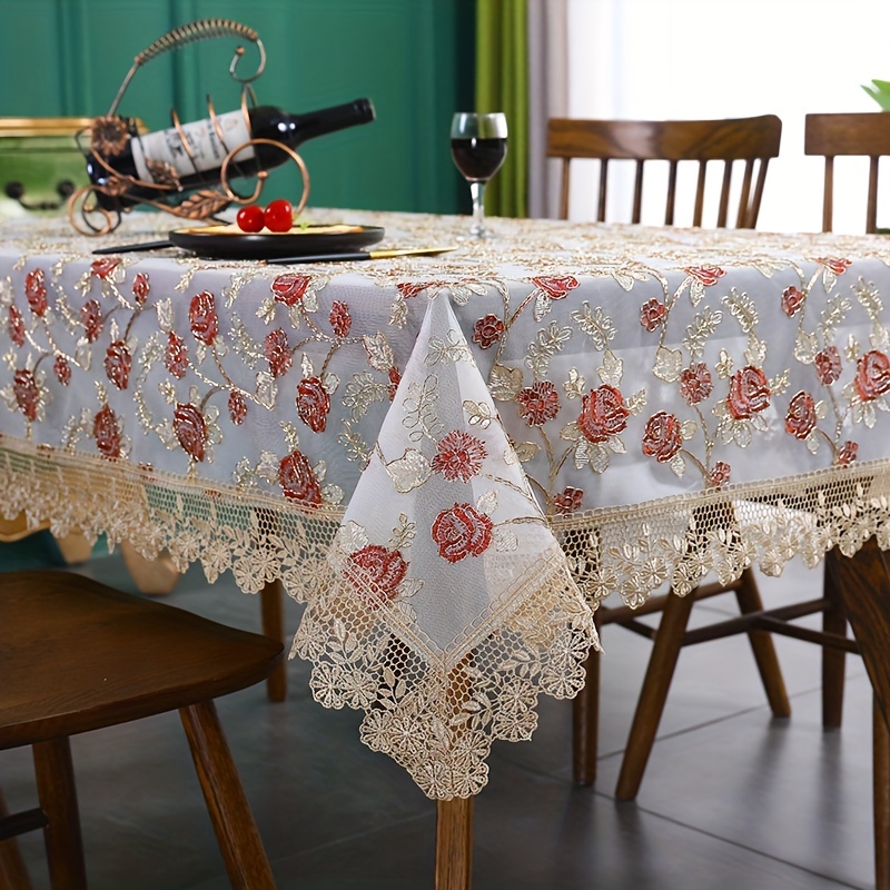 Polyester Rectangle Tablecloth Golden Embroidered Flower Tablecover