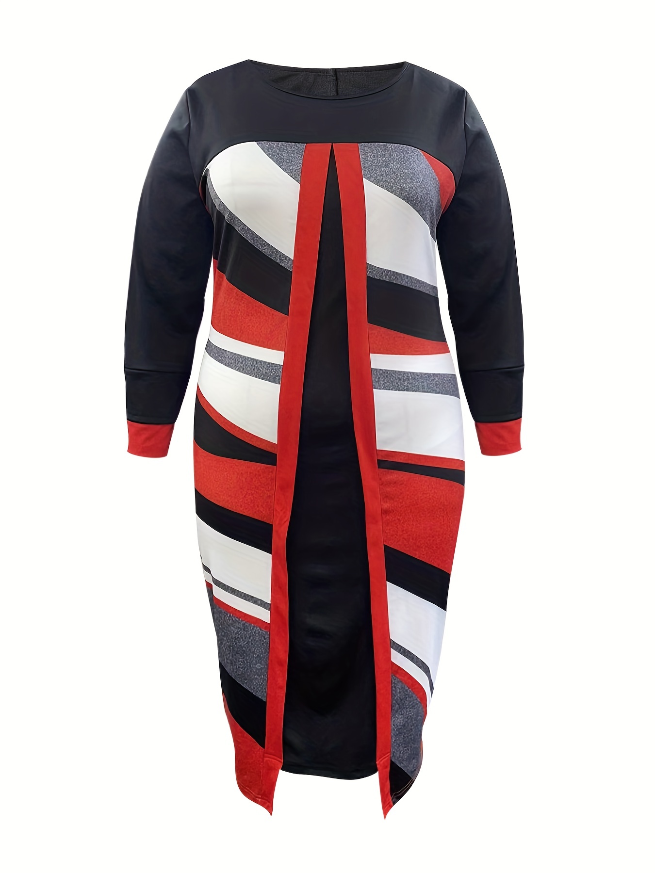 Colorblock Geometric Print Long Sleeve Dress