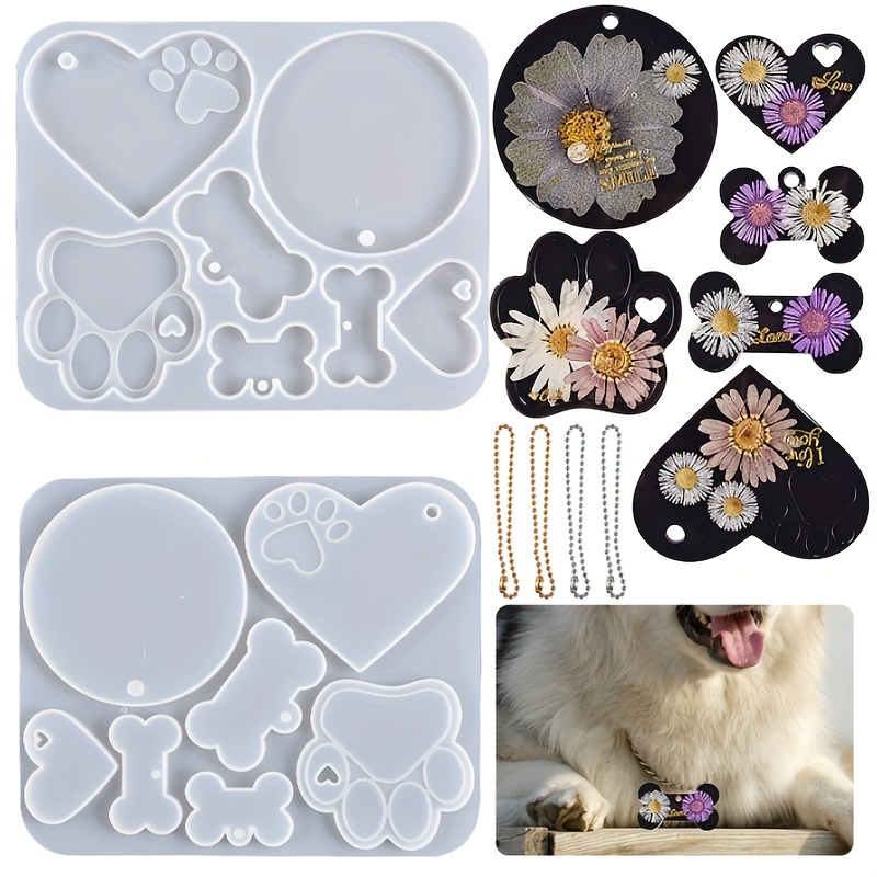 BOBOFUN Dog Tag Resin Mold Keychain Kit, Silicone Large Dog Paw Print Heart Bone Resin Mold for Epoxy Resin with 6 Pcs Key Rings for DIY Dog Tag, Dess