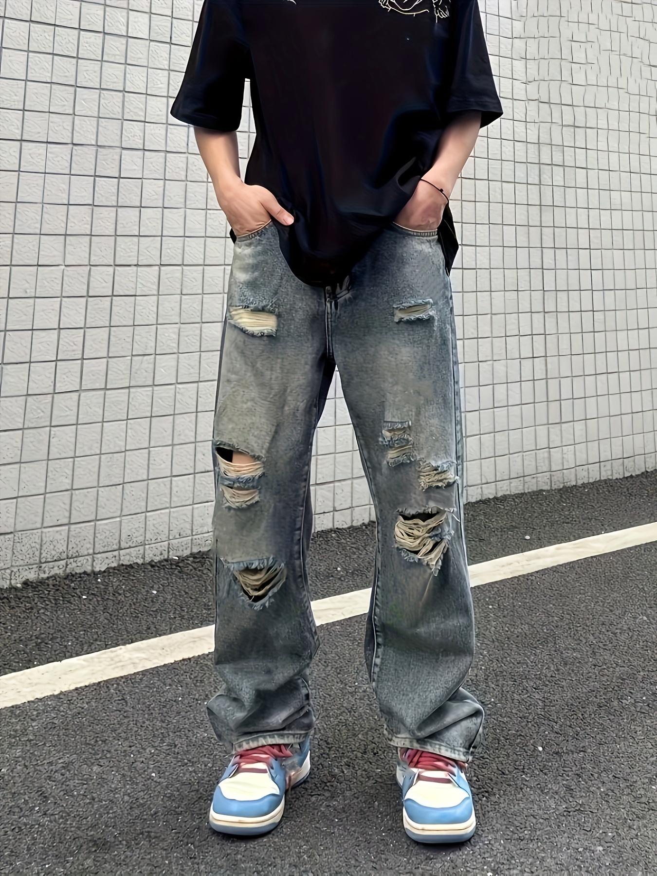 Men's Loose Fit Baggy Jeans, Casual Street Style Comfy Denim Pants