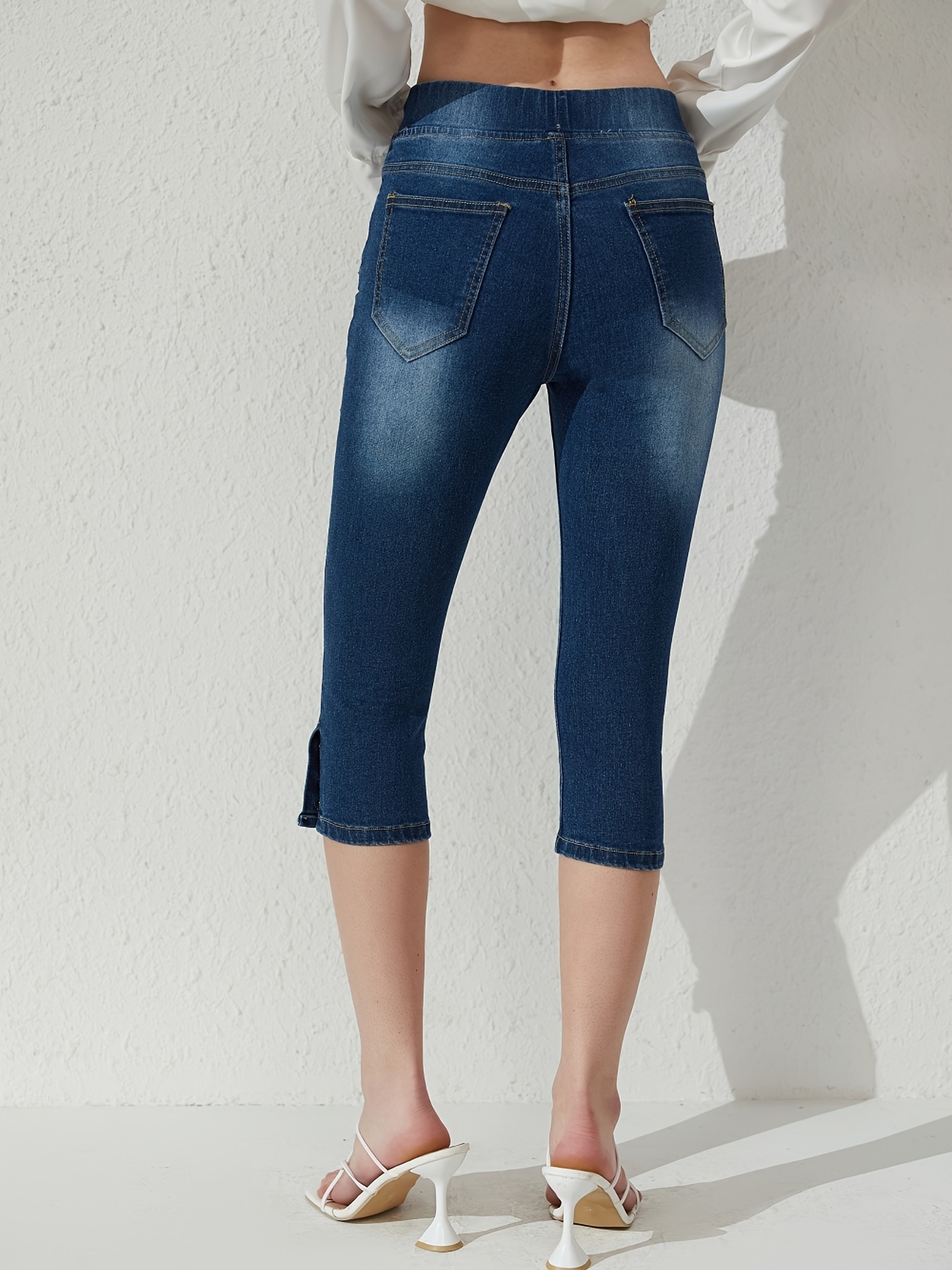 Drawstring Waistband Side Button Skinny Cropped Jeans Washed - Temu