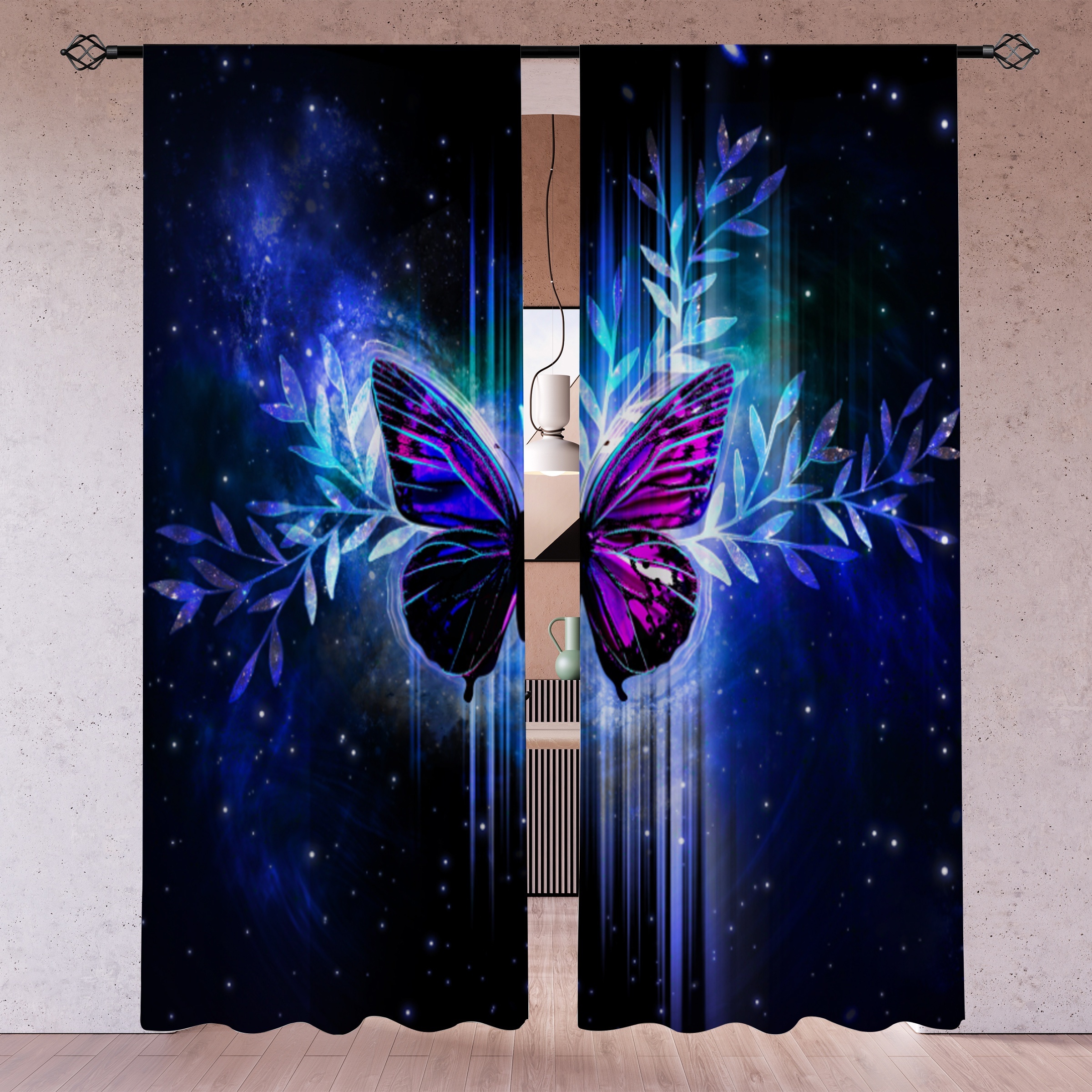 

2pcs, Magic Starry Sky Butterfly Printed Translucent Curtains, Multi-scene Polyester Rod Pocket Decorative Curtains For Living Room Gaming Room Bedroom Home Decor Party Supplies