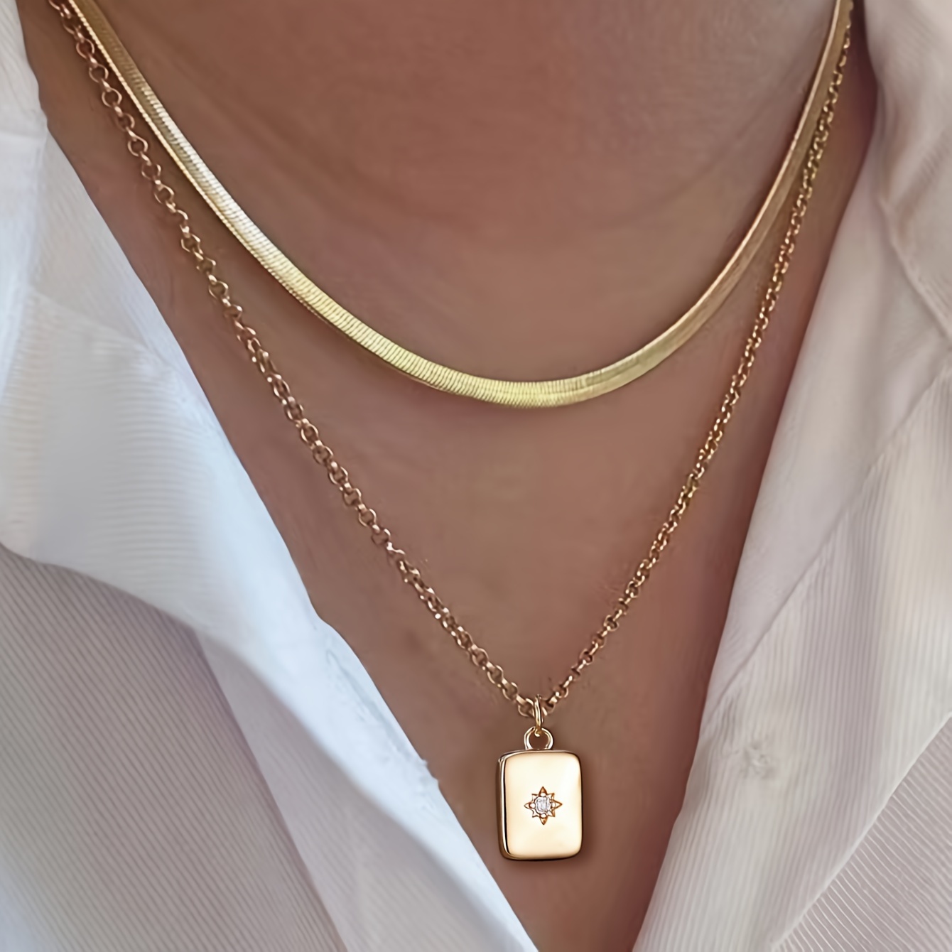 

2pcs/sets Stainless Steel Golden Wire Flat Rectangular Sparkling Zircon Double Layer Stacking Pendant Necklace Clavicle Chain
