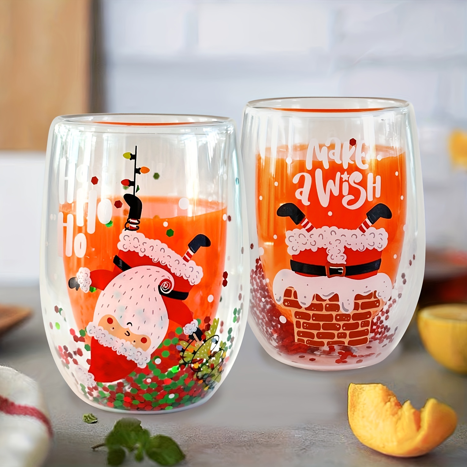 Santa Cartoon Drinking Glasses, Double Wall Heat Insulated