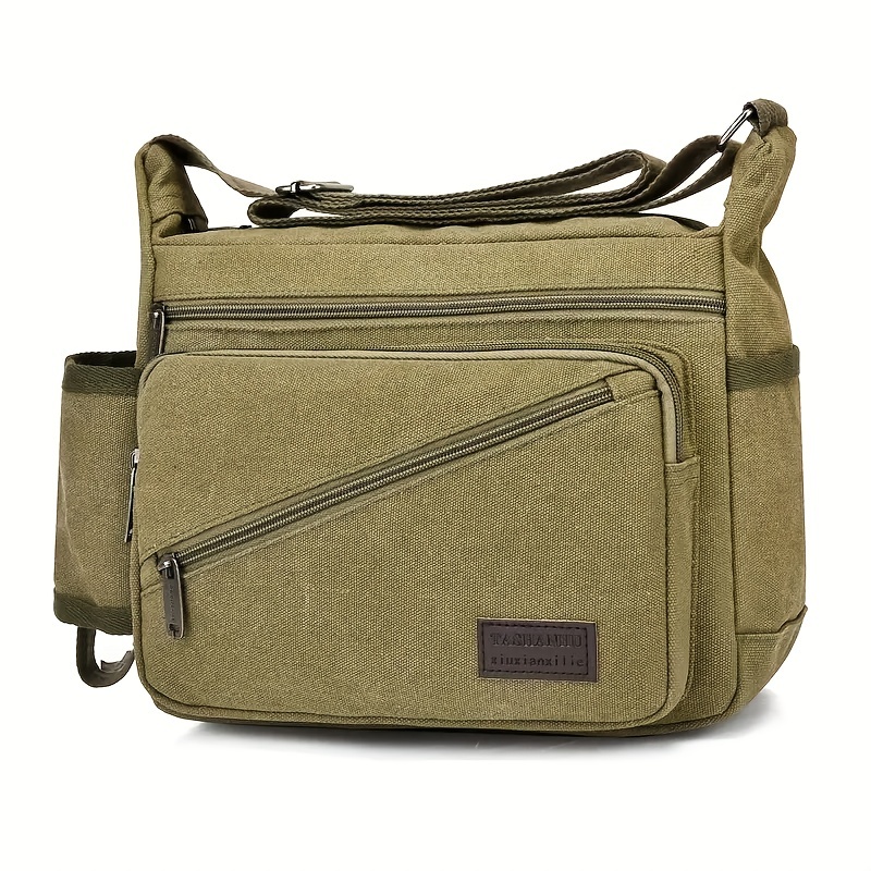 Multifunctional Canvas Shoulder Bag Men's Green Crossbody Bag With