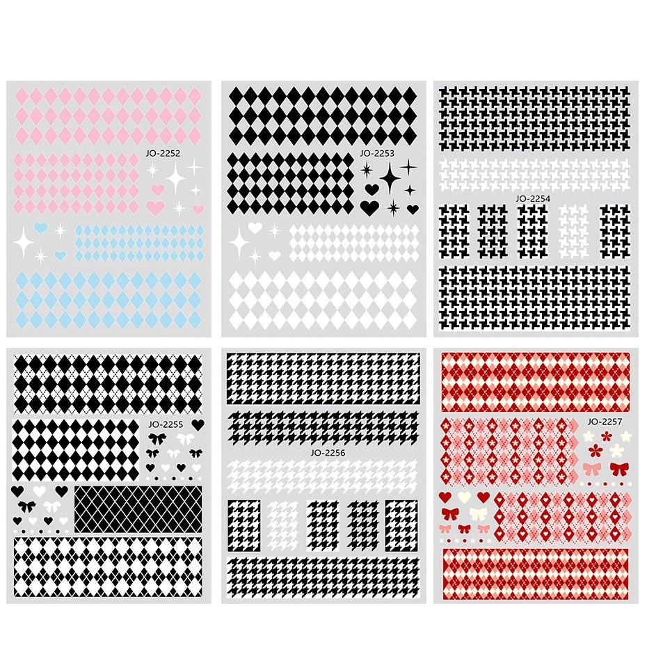 6pcs/set Checkerboard Love French Black White Blue Nail Sticker 3D Slider  for Manicure Polish Tattoo