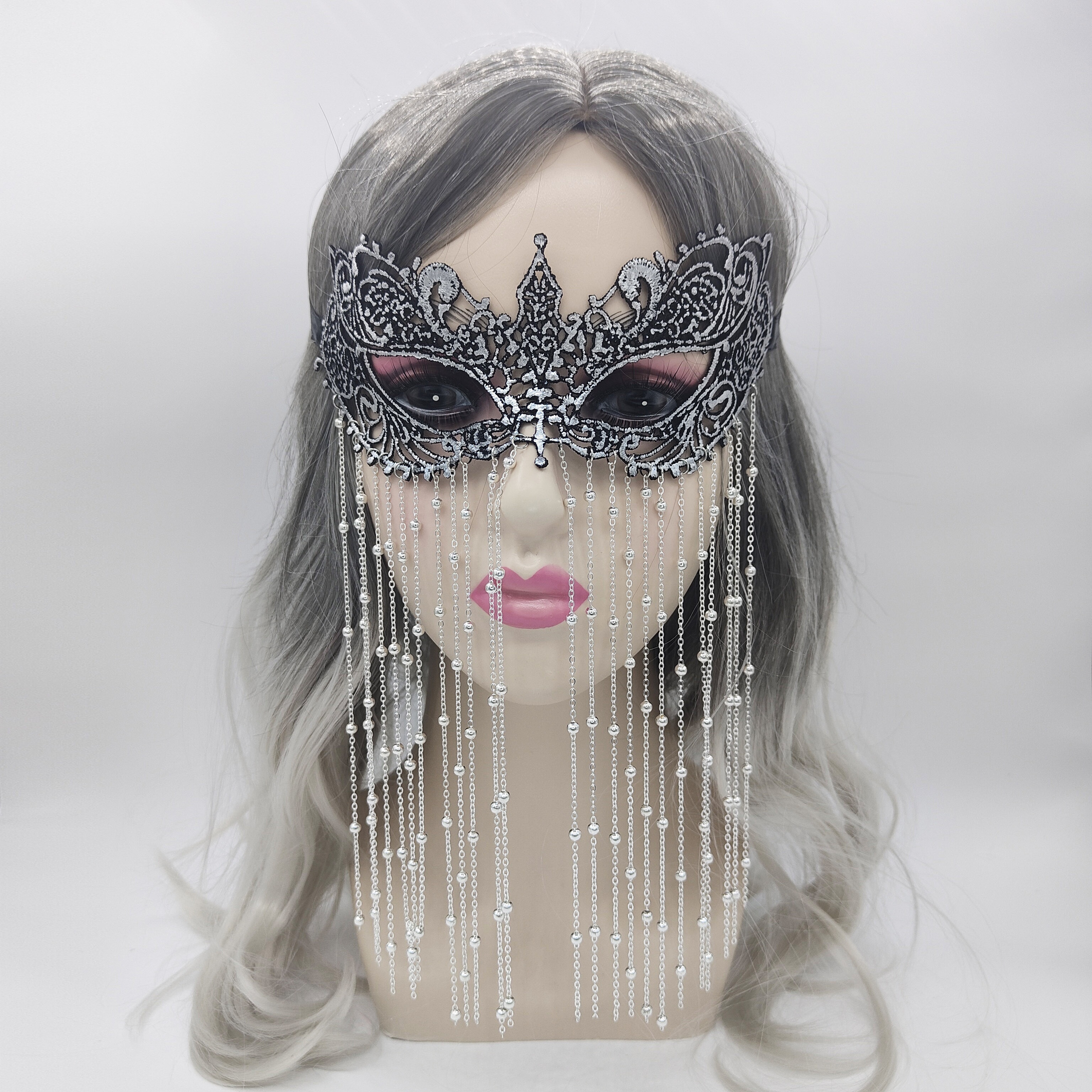 New Full Face Lace Metal Masquerade Mask Silver