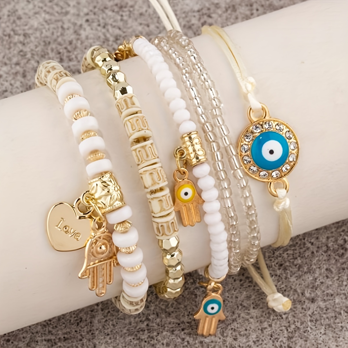 4 Sets Bohemian Stretch Beads Bracelets Multilayer Evil Eye Hamsa Hand  Bracelet Boho Charms Stretch Stackable Bracelet Handmade Multicolor Crystal