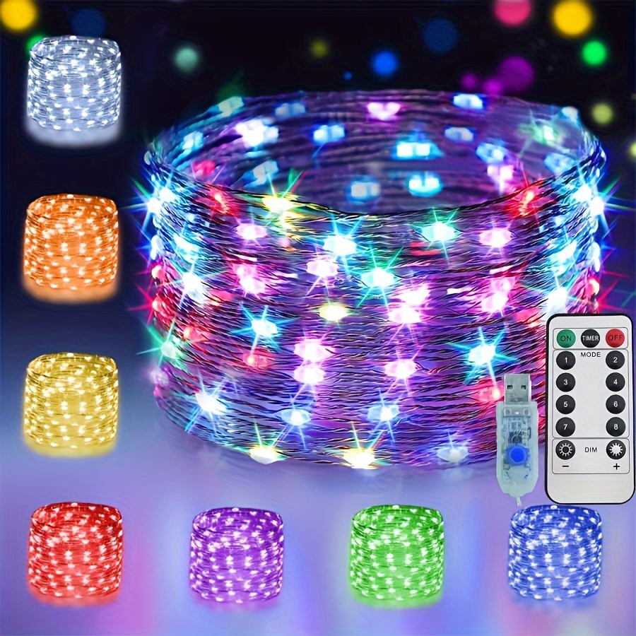 Guirlande lumineuse féerique à changement de couleur 33 pieds 100 lumières  scintillantes à LED fonctionnant par USB en fil d'argent avec télécommande  et adaptateur luciole pour chambre fête mariage camping intérieur extérieur