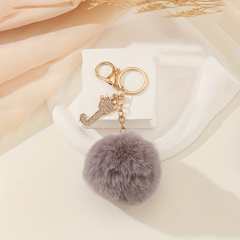 Alphabet Initial Letter Pom Pom Keychain Cute Plush Key Chain Ring Purse  Bag Backpack Charm Earbud Case Cover Accessories Women Girls Gift