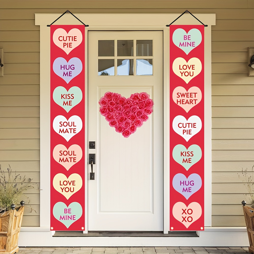 

2pcs, Happy Valentine's Day Front Door Porch Sign, Polyester Love Letter Theme Patio Outdoor Indoor Party Decoration Hanging Banner 11.8x70.8 Inch