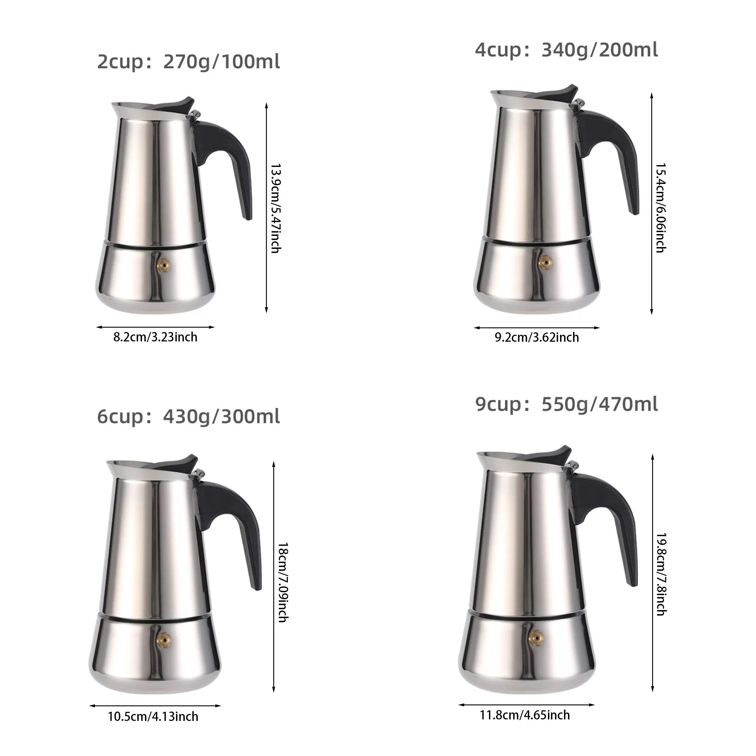 Stovetop Espresso Maker Moka Pot 4/6 Cups, 200/300ML, Silver