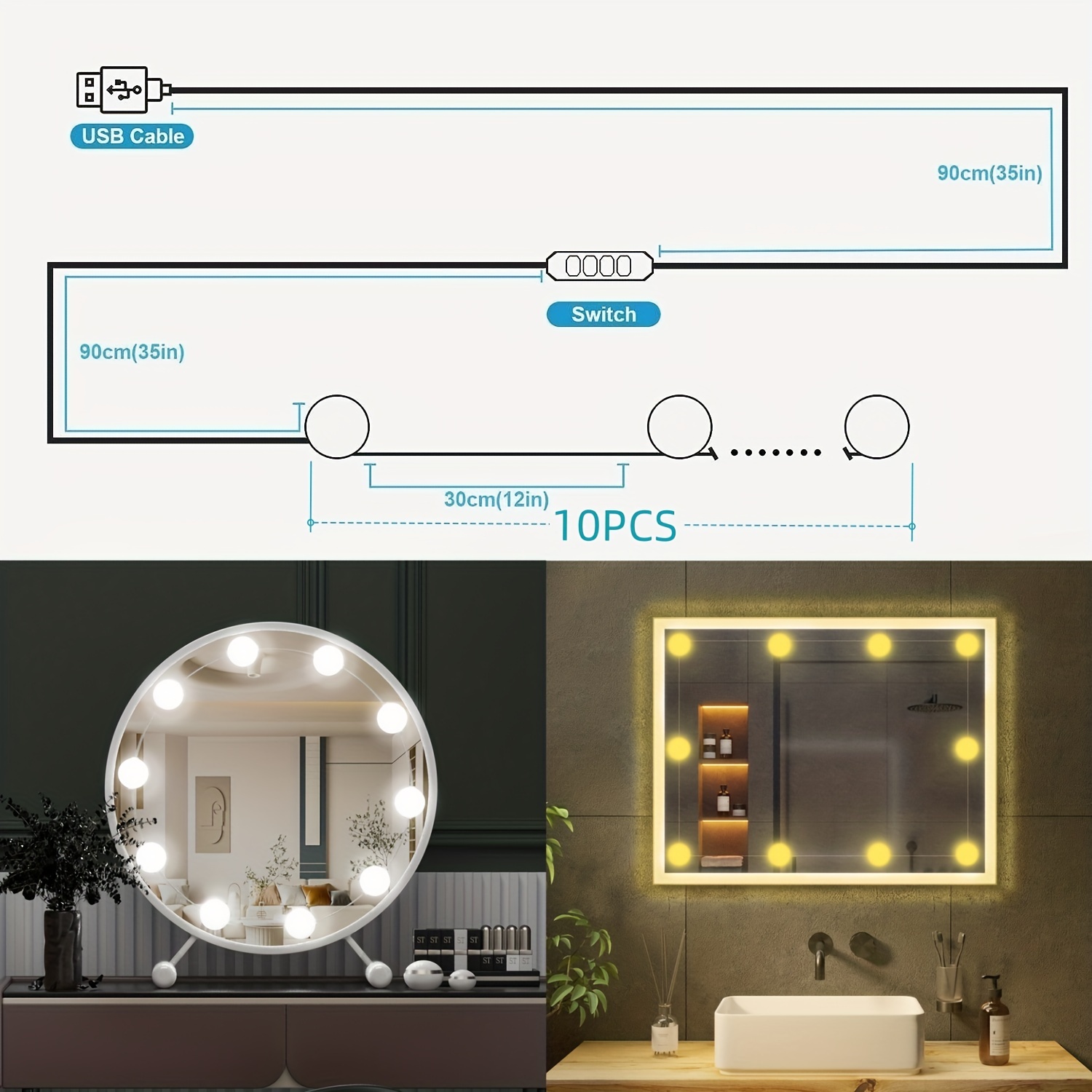 Mirror Lights Stick On Vanity Lighting LED Mirror Light Long Battery Life  Dimmable Touch Control For