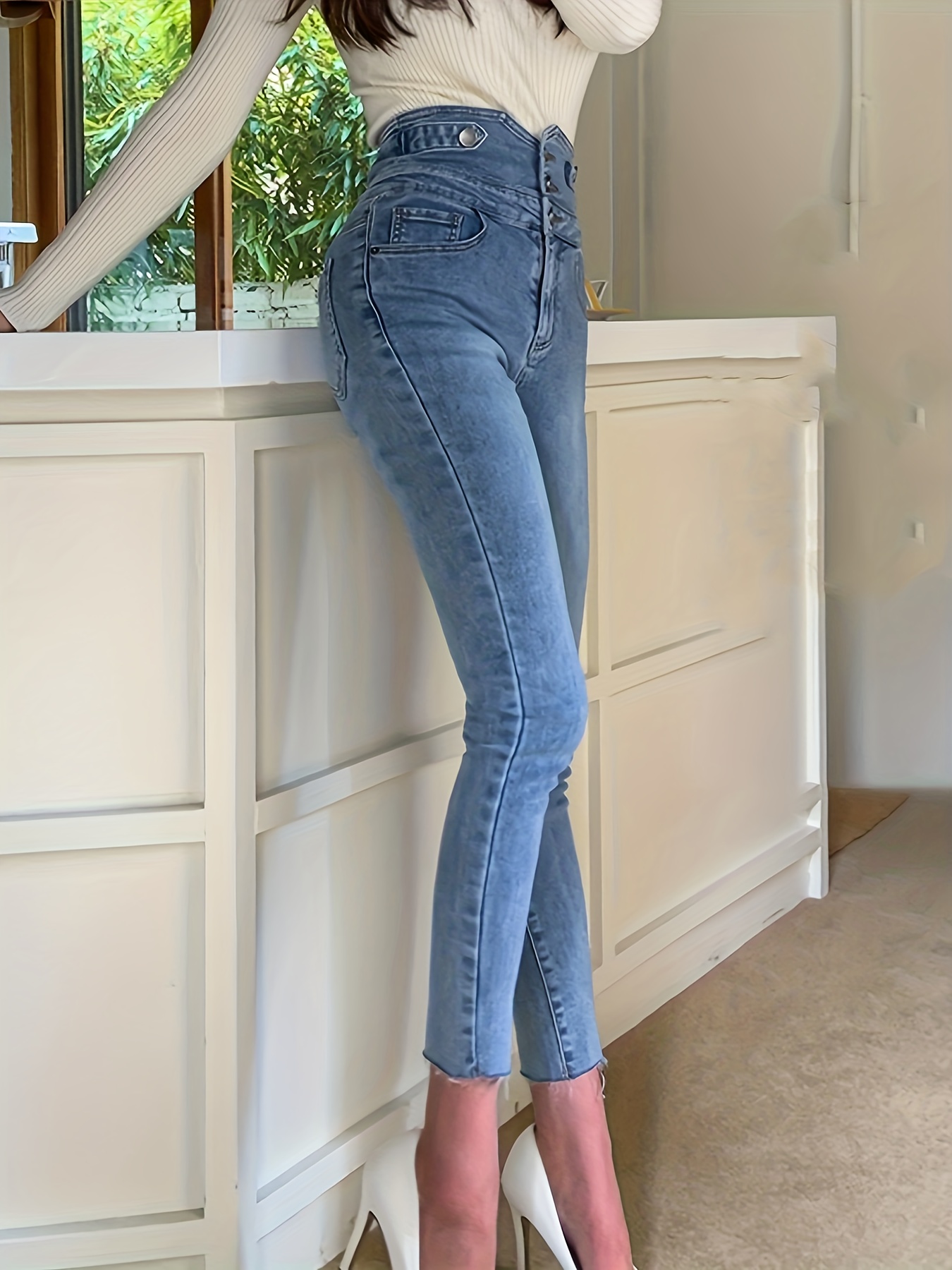 High Waist Tummy Control * Cut Denim Pants, Multi Buttons Single-breasted  Elegant Washed Blue Skinny Jeans, Women's Denim Jeans & Clothing