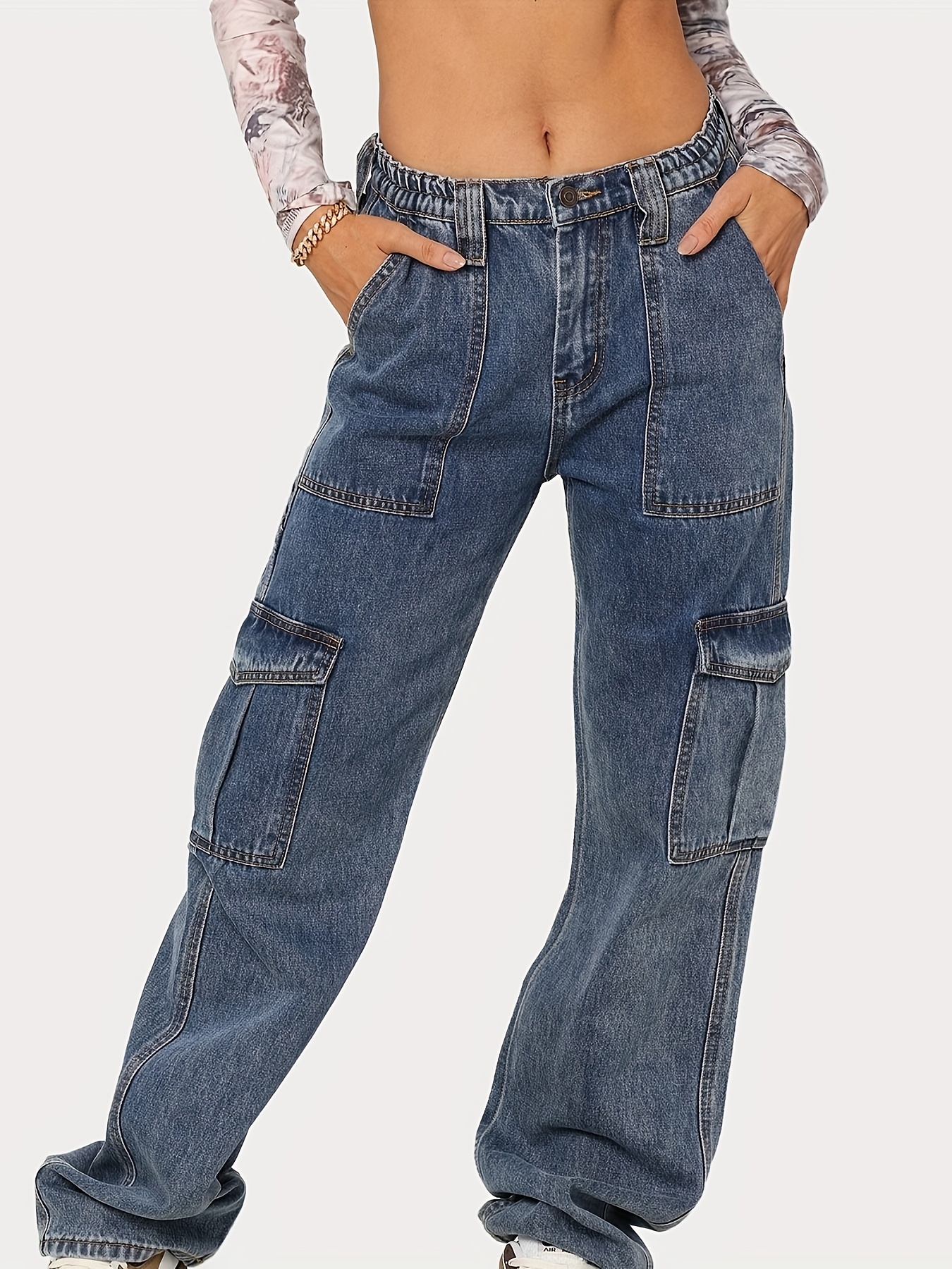 Women's Vintage Cargo Pants High Waist Baggy Jeans Pockets - Temu Canada