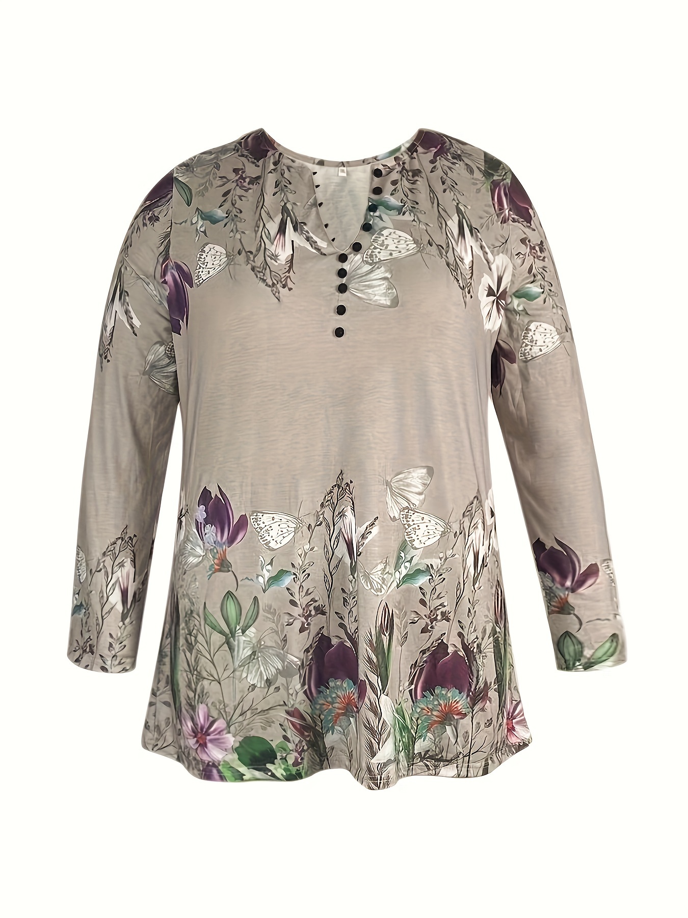 plus size casual top womens plus floral butterfly print long sleeve round neck henley top