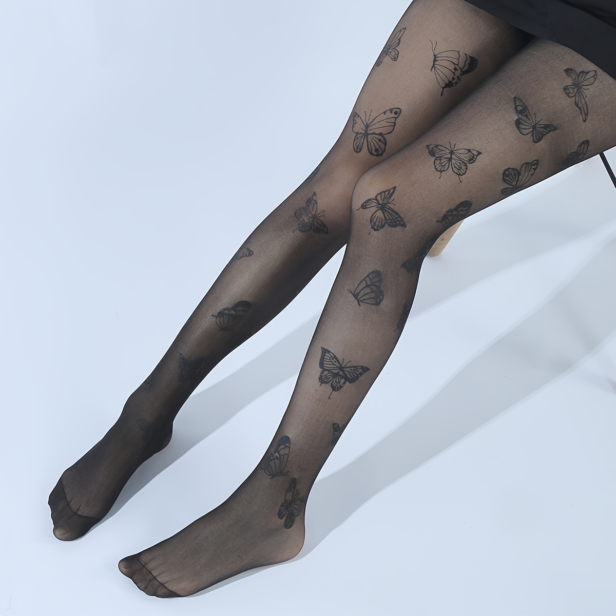 

Butterfly Pattern Pantyhose, High Waist Semi-sheer Footed Pantyhose, Women's Stockings & Hosiery