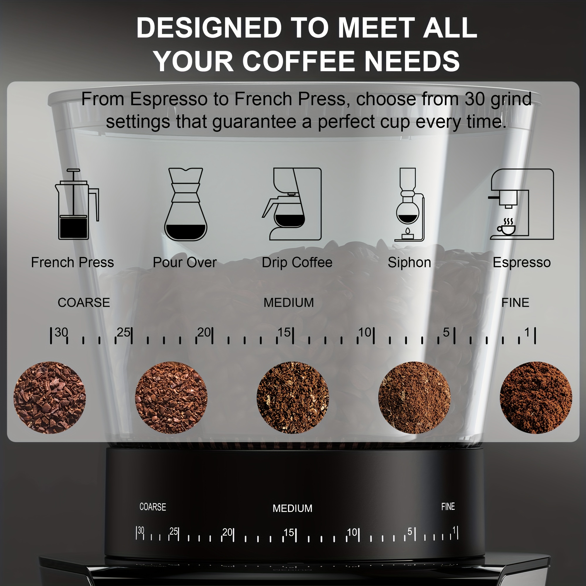 Electric Burr Coffee Grinder Adjustable Conical Burr Coffee Bean Grinder 25 Grind  Settings French Press Drip Coffee Maker