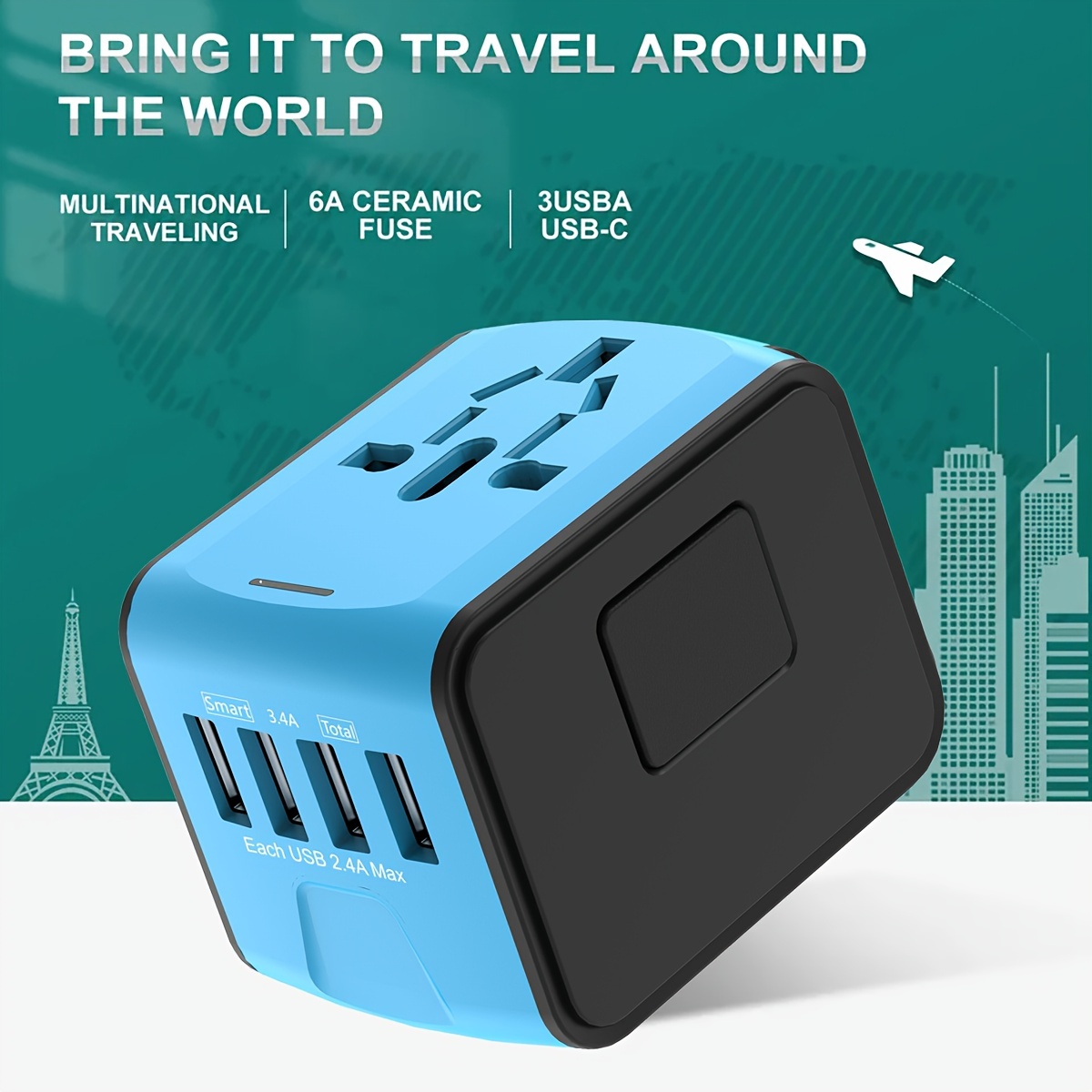 International Travel Adapter Universal Power Adapter Worldwide All in One 4  USB Perfect for European US, EU, UK, AU 160 Countries (Blue)