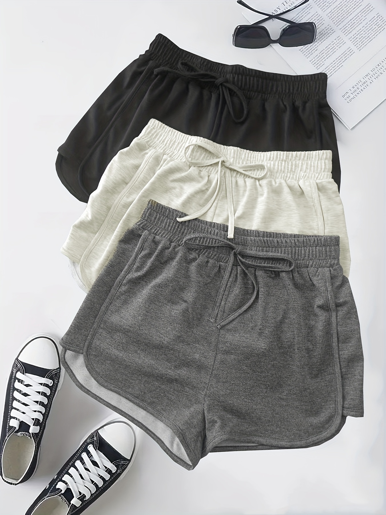 Plus Size Women Solid Elastic Waist Shorts Drawstring Short Pants