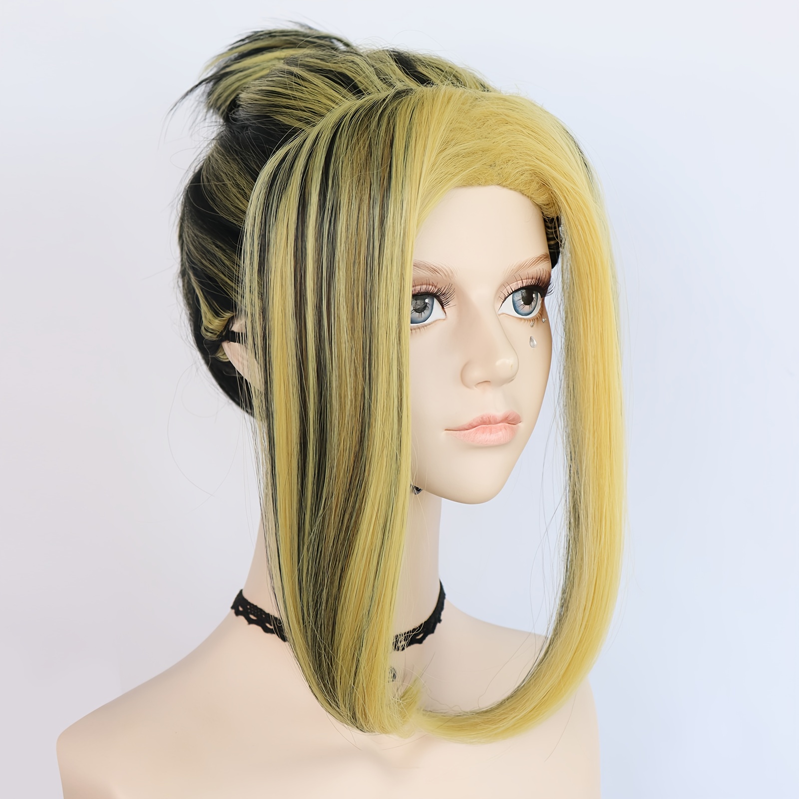 Short Straight Yellow Mixed Black Bun Wig Bangs Anime Temu