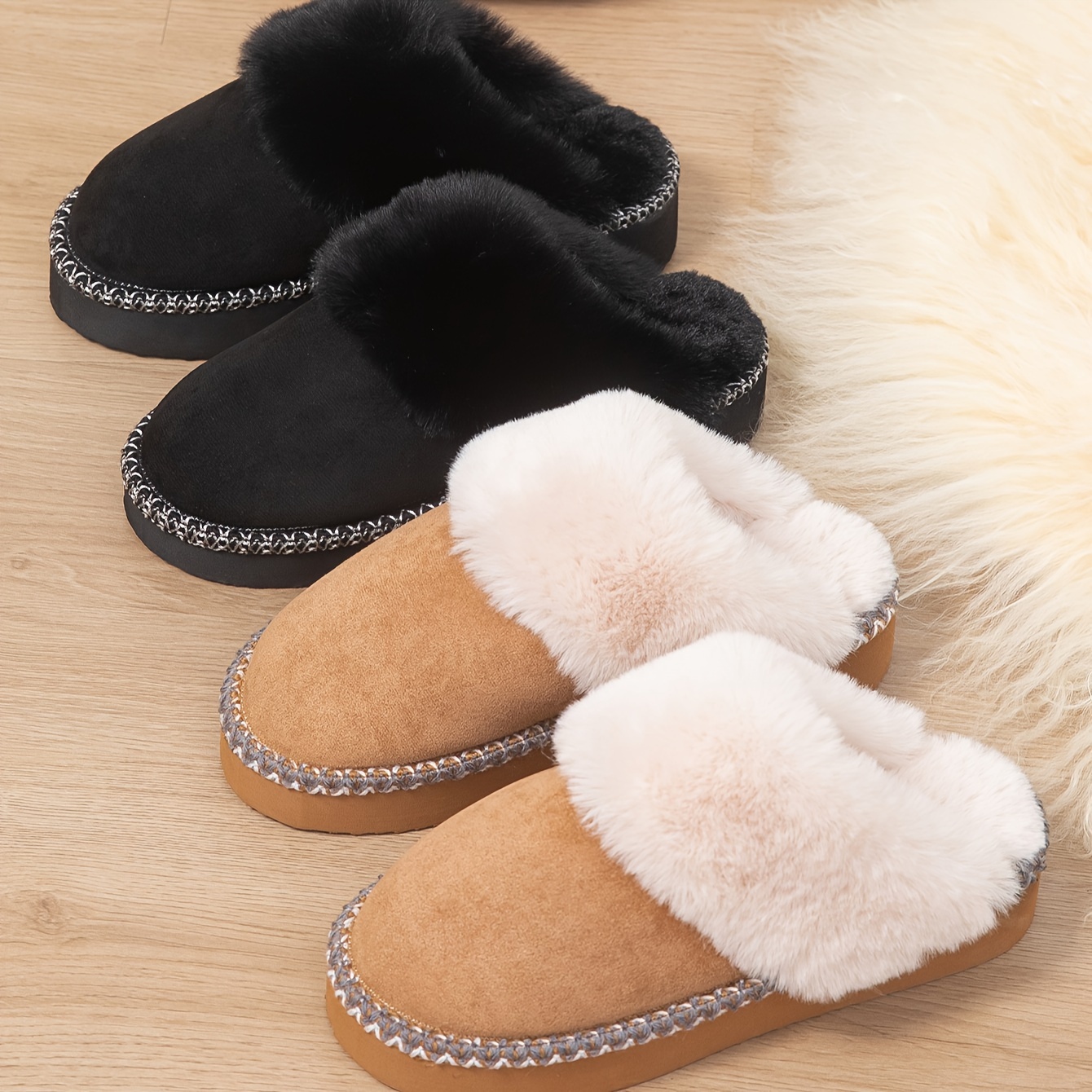 

Winter Fluffy Furry Flat Slippers, Cozy & Warm Plush Lined Slip On Shoes, Comfy Indoor & Outdoor Slippers