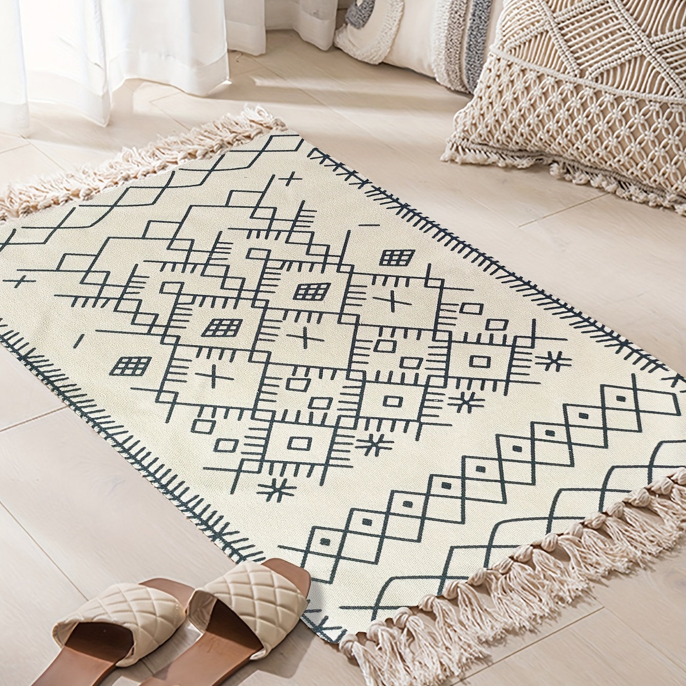 Boho Rainbow Tassel Mat, Cotton Linen, Room Decor