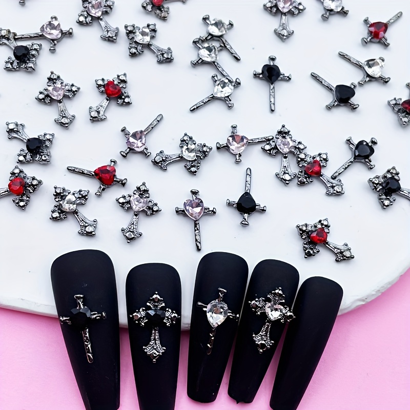 

20pcs Vintage Cross Nail Charms With Rhinestones, Nail Art Supplies For Women And Girls, Nail Art Jewelry