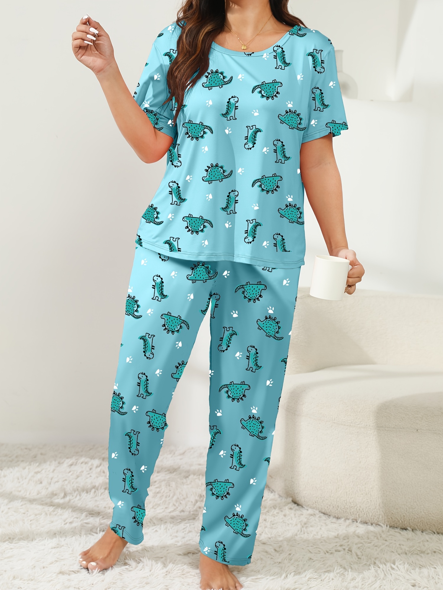 Cute Dinosaurs Blue Pajama Pants for Women Sleep Shorts with