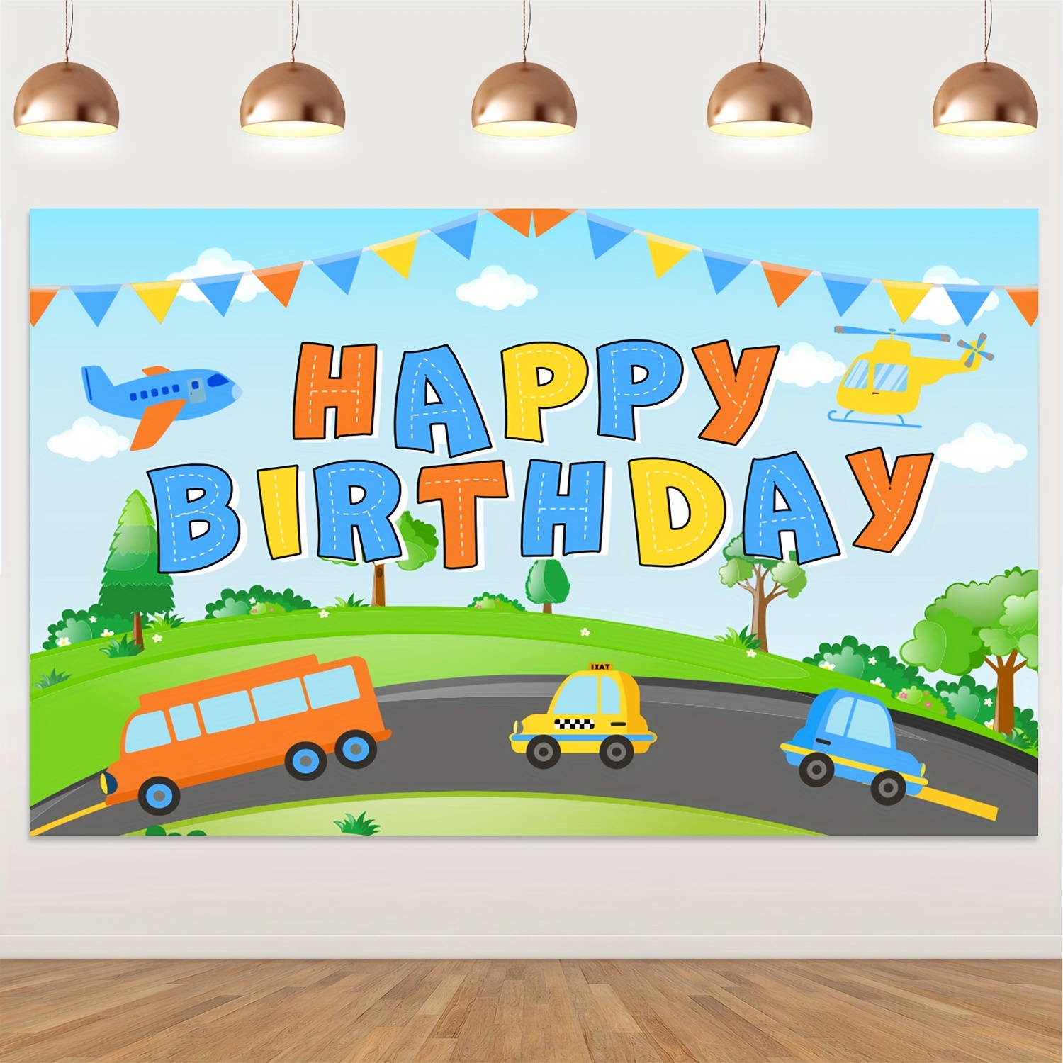 Pancarta de feliz cumpleaños con coches, autobús, tren, avión, guirnalda  para niños temática de transporte, decoraciones para fiestas