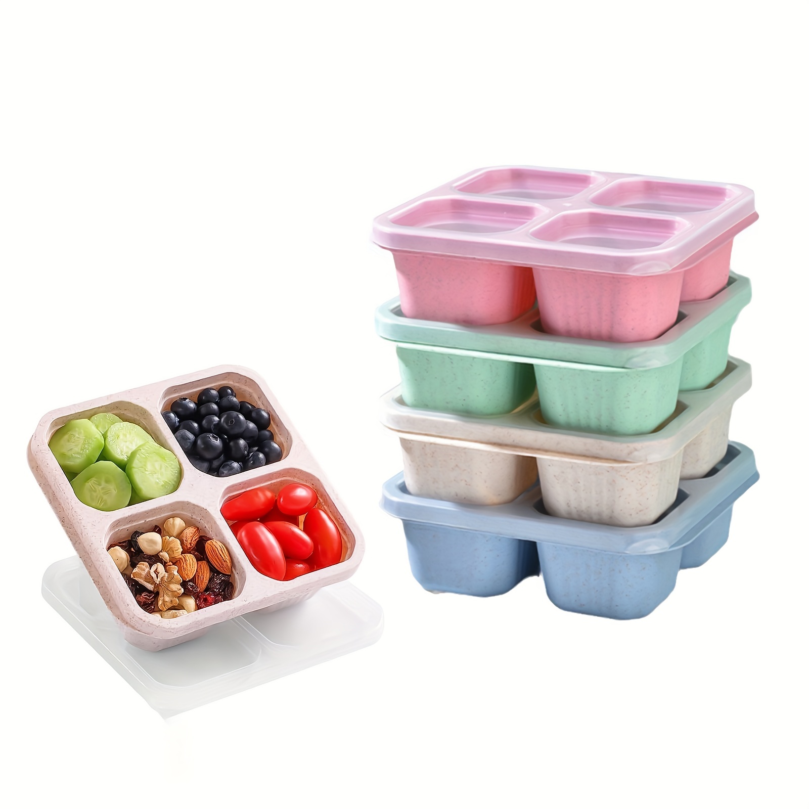 Wheat Straw Bento Box Snack Box Four Grid Transparent Cover - Temu