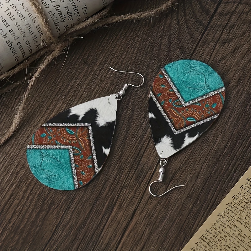 Bohemian Pattern Leather Earrings Teardrop Dangle Earrings