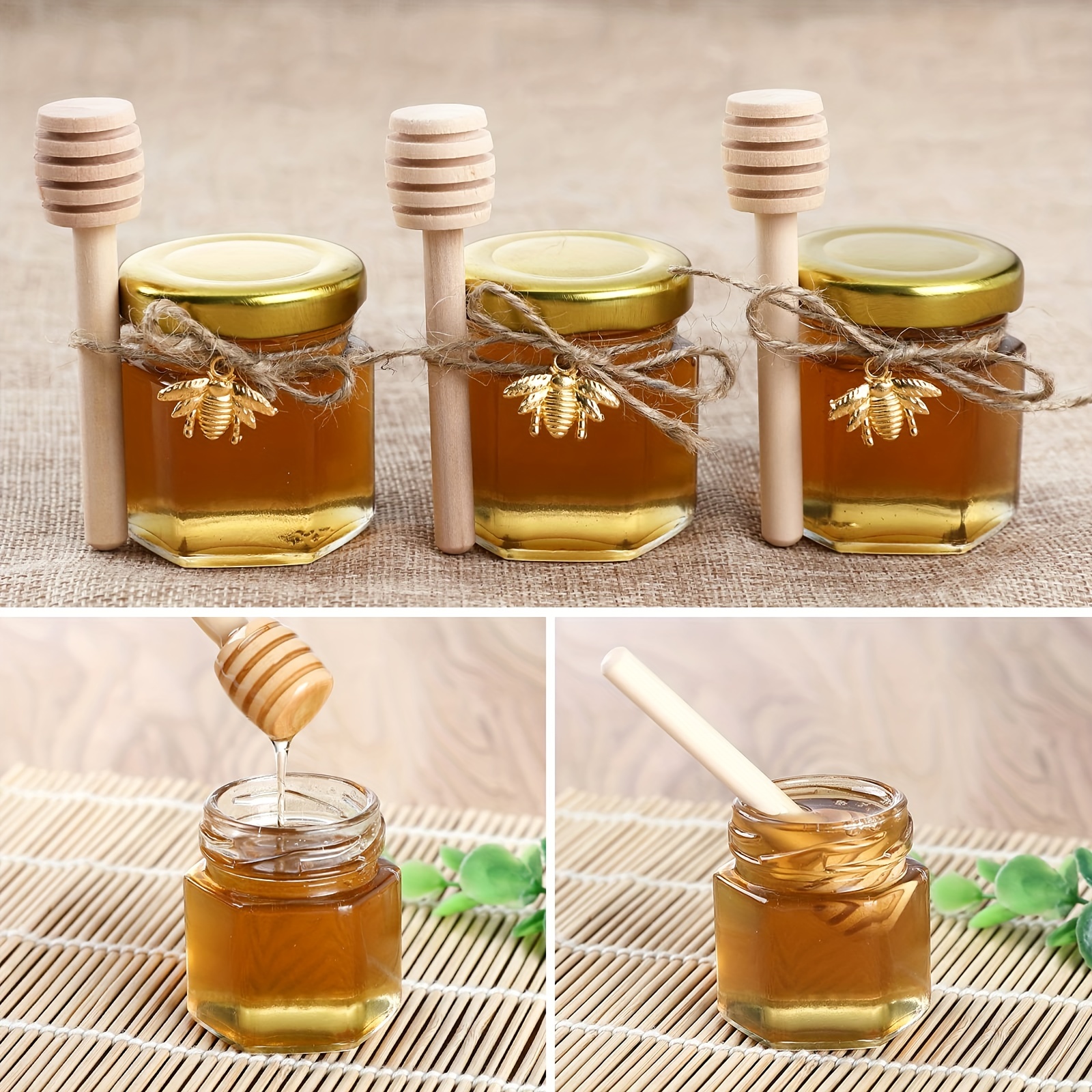 A honey jar with a spoon for honey and different nuts on white b