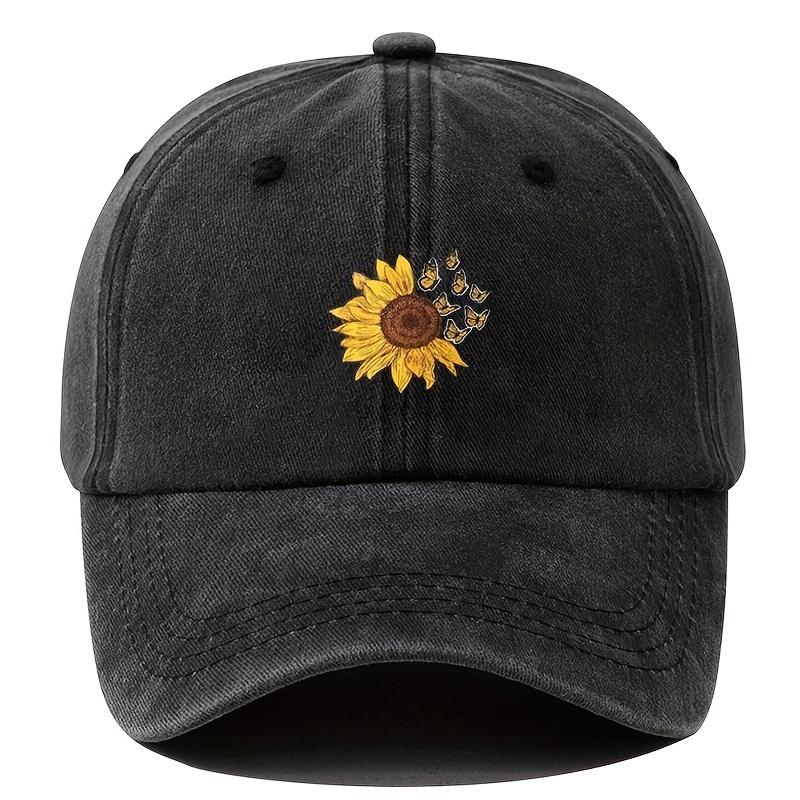 TEMU 1pc Unisex Sunshade Washed Distressed Baseball   With Sunflower For Outdoor Sport, For Gifts