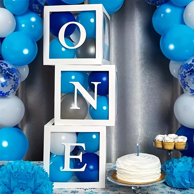 Prdigy ONE Balloon Boxes for 1st Birthday, 3 Transparent Square Boxes with  30 Balloons and Photo Banner Set, Sweet First Birthday Decorations for