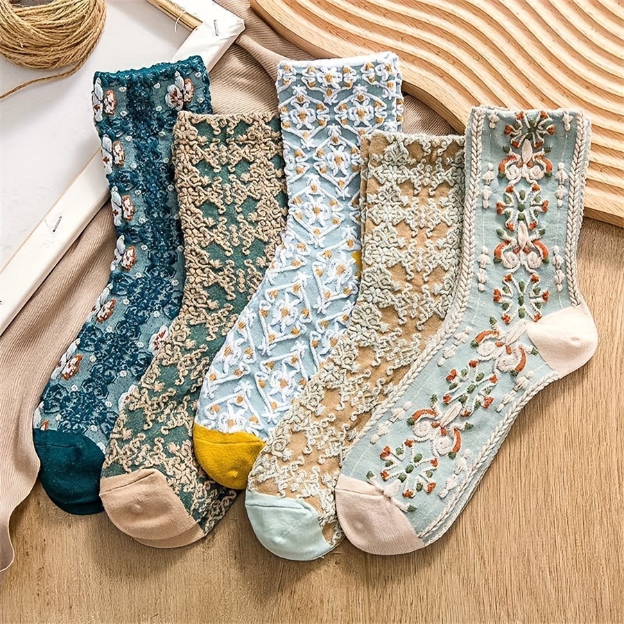 

5 Pairs Floral Textured Socks, Vintage Style Sweet Mid Tube Socks, Women's Stockings & Hosiery