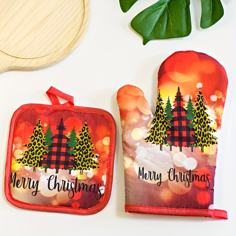 2pcs, Polyester Oven Mitts, Short Heat Resistant Mitts, Microwave Oven  Christmas Theme Glove, Baking Oven Insulation Gloves, Non-Slip Grip  Surfaces And Hanging Loop Gloves, Kitchen Supplies