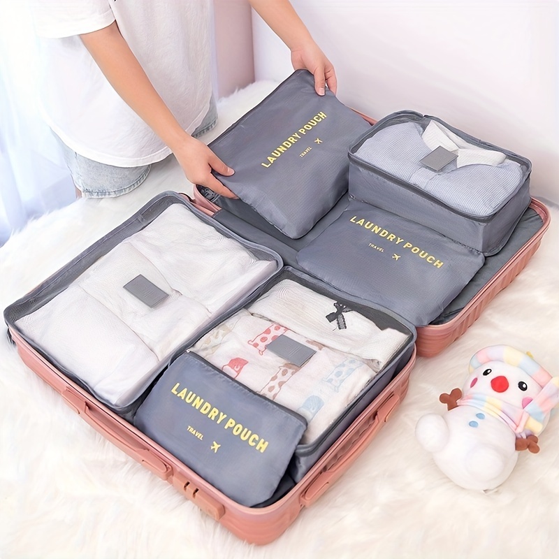 Organizadores de equipaje de viaje, juego de 8 cubos plegables de viaje  para la maleta, bolsas ligeras para almacenamiento de equipaje, color beige