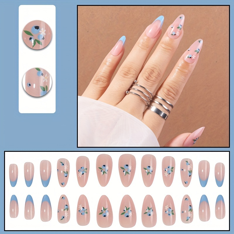 24pcs glossy medium almond fake nails blue french tip press on nails with flower adn blueberry design sweet and fresh false nails for women girls for easter details 3