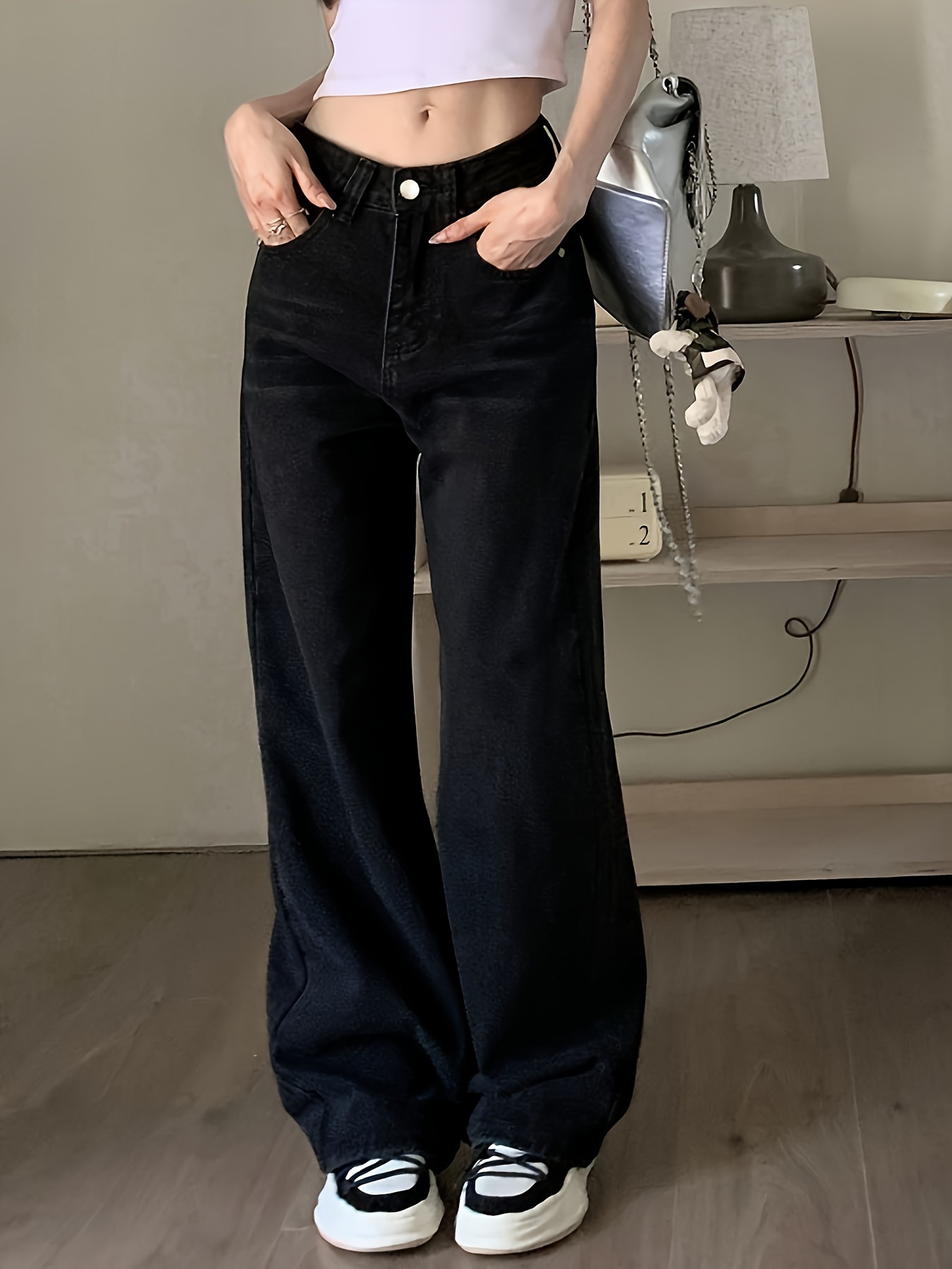 Black Loose Fit Baggy Jeans, High Waist Straight Legs Wide Legs Jeans,  Women's Denim Jeans & Clothing