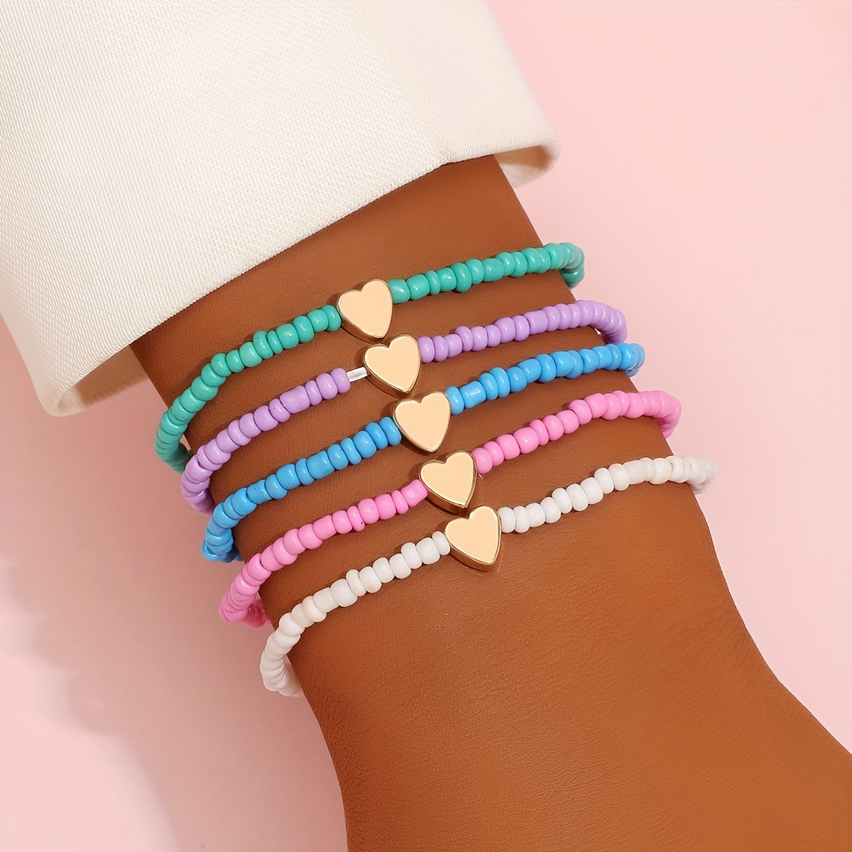 Heart Elastic Beaded Bracelet Set Candy Color Stackable Hand - Temu Canada