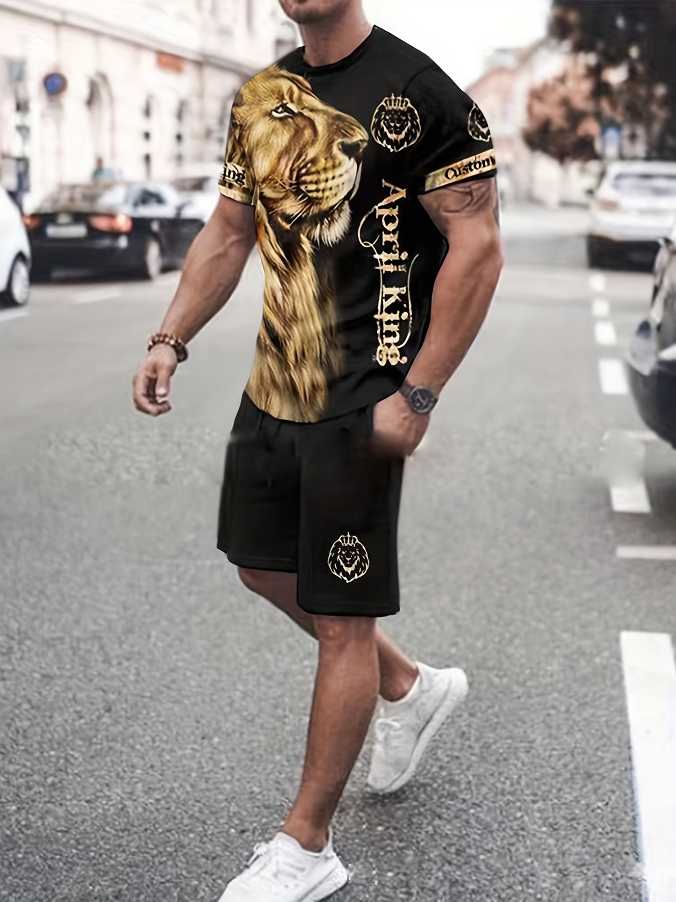 Plus Size Men's 3d Lion Graphic Print T shirt Shorts Set - Temu New Zealand