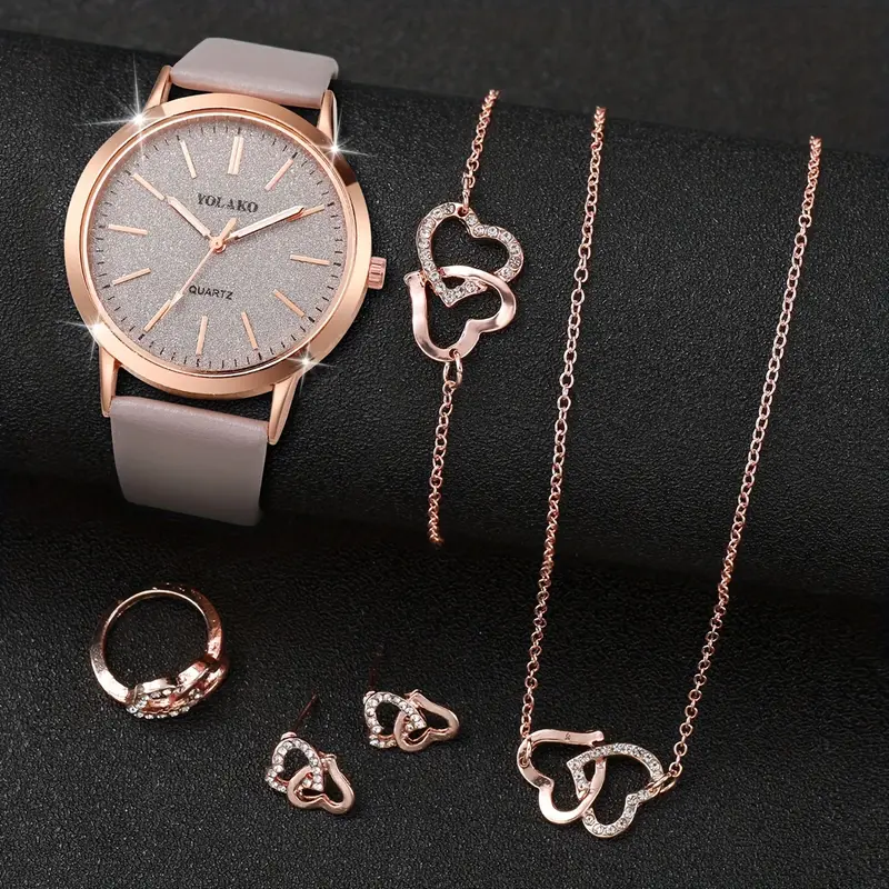 6pcs set womens watch casual shiny quartz watch analog pu leather wrist watch heart jewelry set gift for mom her details 0