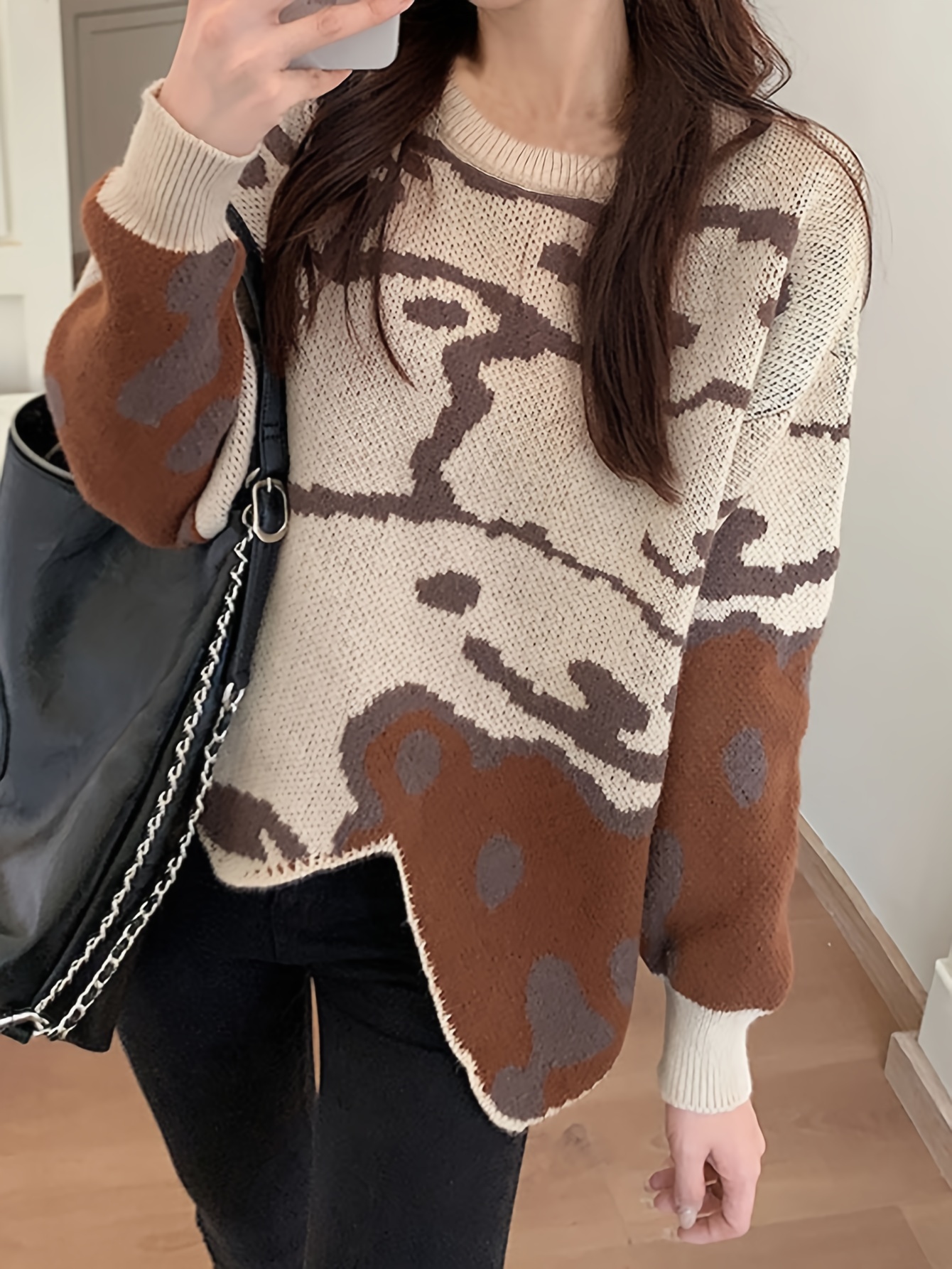 Bear Pattern Knitted Pullover Sweater Casual Long Sleeve - Temu