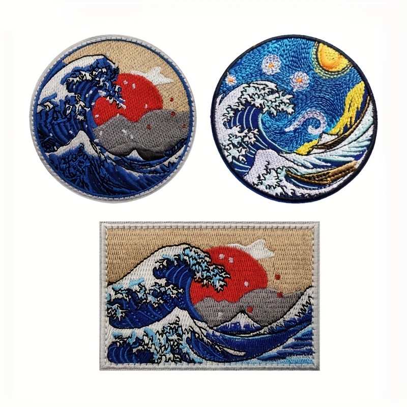 

1pc/3pcs Ukiyo-e Embroidered Stickers For Men, Shennai Chuanda Wave Morale Patch, Used For Clothing Jacket Jeans Trousers Backpack Cap